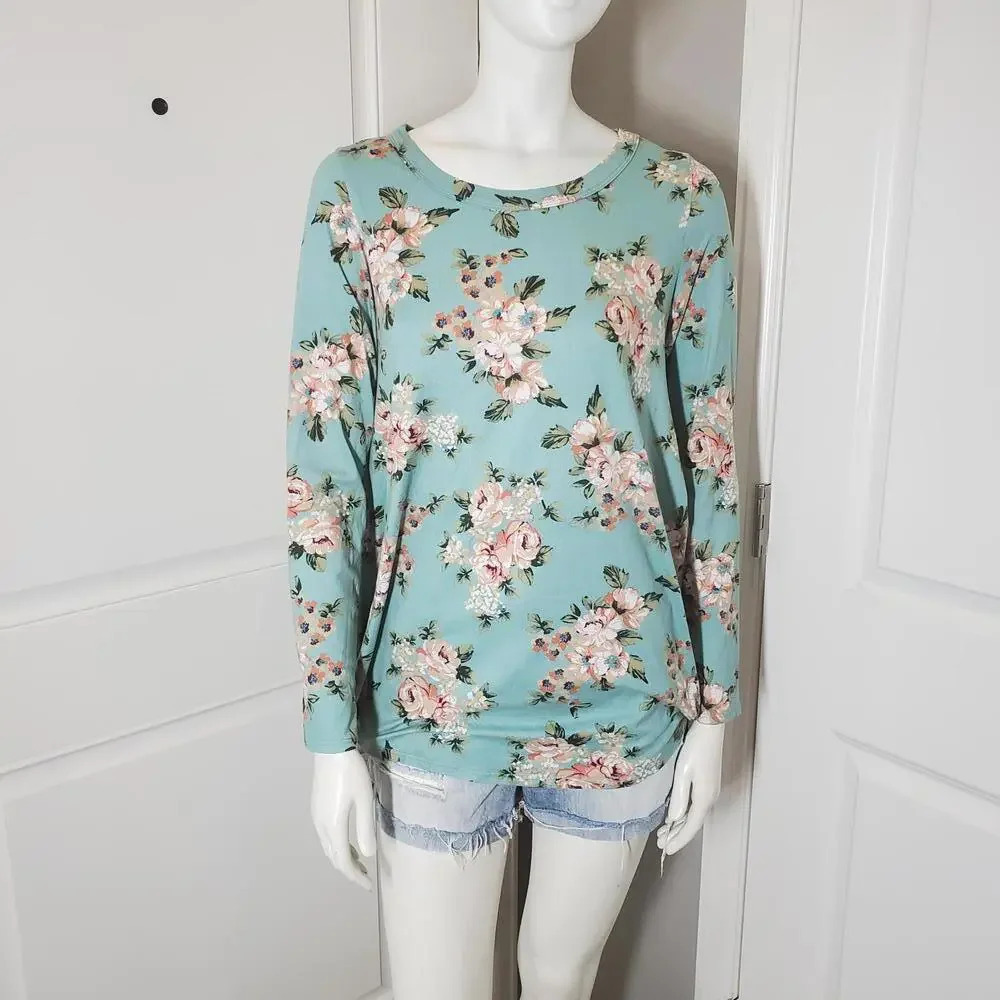 Coco Kelly Women's Mint Green Floral Tunic Blouse Size Medium NWOT